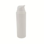 A tiered set of white matte PP airless pump bottles in 15ml, 30ml, and 50ml sizes. The minimalist design highlights a professional, sustainable, and cohesive skincare packaging line.