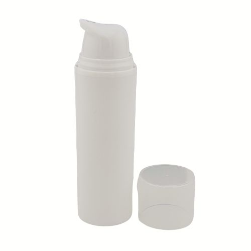 A tiered set of white matte PP airless pump bottles in 15ml, 30ml, and 50ml sizes. The minimalist design highlights a professional, sustainable, and cohesive skincare packaging line.