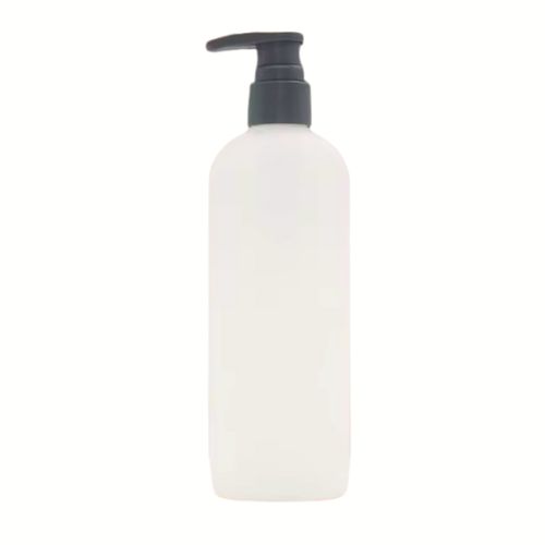 A 10.6 oz (320 ml) white HDPE Boston round bottle with a standard ribbed lotion pump. The classic rounded-shoulder silhouette is shown against a minimalist background, emphasizing its clean, medical-grade aesthetic.