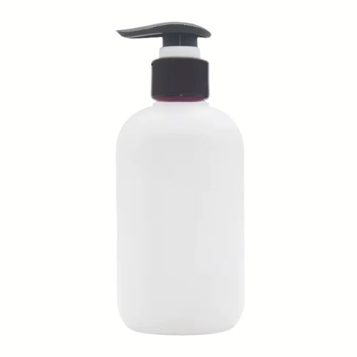 A professional 8.45 oz (250 ml) white HDPE Boston round bottle with a standard ribbed lotion pump. The classic rounded-shoulder silhouette is shown against a minimalist background, emphasizing its clean, medical-grade aesthetic.