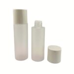 A graduated line of frosted PET toner bottles in 100ml, 150ml, and 250ml capacities featuring silver screw caps and orifice reducers.