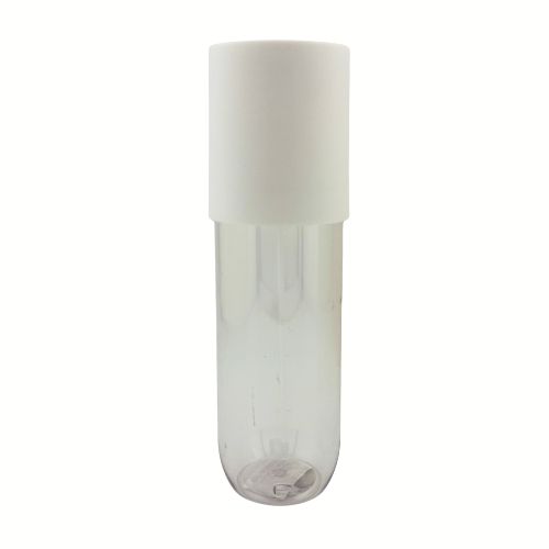 Clear PET tapered bottle in 3.39 oz and 8 oz sizes. Both feature white fine-mist sprayers and oversized clear overcaps that align perfectly with the bottle walls for a seamless finish.