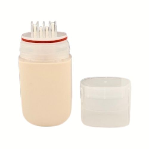 A close-up of a white squeeze bottle with a specialized 4-layer comb-style applicator head. The multi-tiered brush tips are designed to distribute hair dye evenly through dense hair.