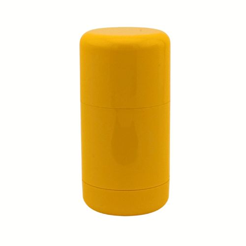 A 75ml yellow cylindrical deodorant stick container with a twist-up bottom and a matching round screw cap.