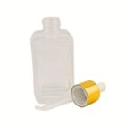 A sleek 1.7 oz (50ml) rectangular clear glass bottle with a aluminum collar and glass pipette. The sharp, modern corners and flat label panels highlight a clinical and professional packaging design.