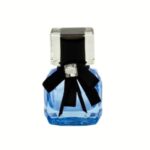 A 50ml clear blue tone square glass perfume bottle with a transparent top and a black satin bow tied around the neck.