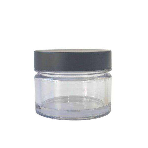 A set of three clear, heavy-wall PET jars with black lids in 30ml, 50ml, and 100ml sizes, showcasing a glass-like transparency.