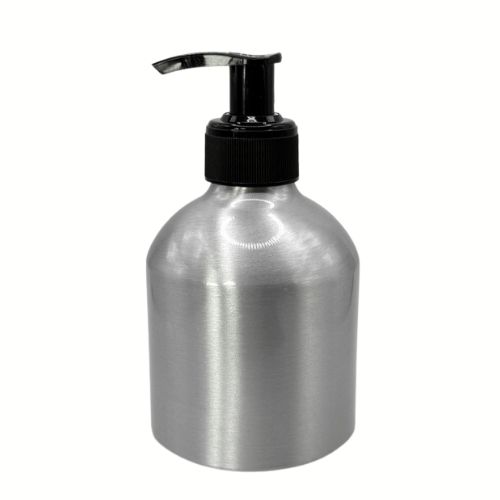 A sleek 8 oz silver brushed aluminum bottle with a black lotion pump. The seamless metallic body and modern pump design highlight a premium, sustainable packaging option.