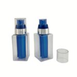 A 90 ml clear square PETG plastic bottle with a sleek black treatment pump and a secure locking mechanism