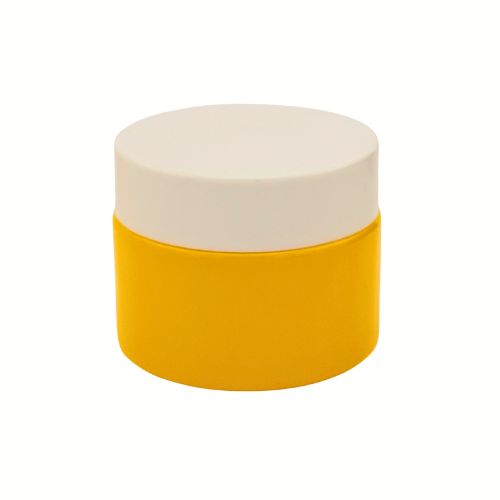 A yellow 1.69 oz straight-sided glass jar with a black smooth screw-top lid.