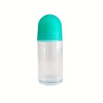 A 50 ml clear glass cylindrical bottle with a metallic rollerball tip and a black minimalist screw-on cap.