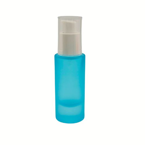 A blue frosted 1 oz cylinder glass bottle featuring a black treatment pump and a transparent protective overcap.