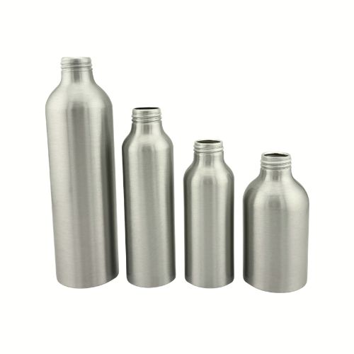 The 4 oz and 8 oz Brushed Aluminum Bullet Bottles offer a striking, tall silhouette that stands out on retail shelves. These sizes are the most versatile for daily-use personal care products.