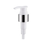A professional 24/410 lotion pump with a brushed silver aluminum collar and a white lock-down actuator head on a clear bottle
