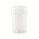 White 50g oval PP soft solid deodorant stick container standing upright next to an open bottle showing its multi-hole perforated applicator dome.