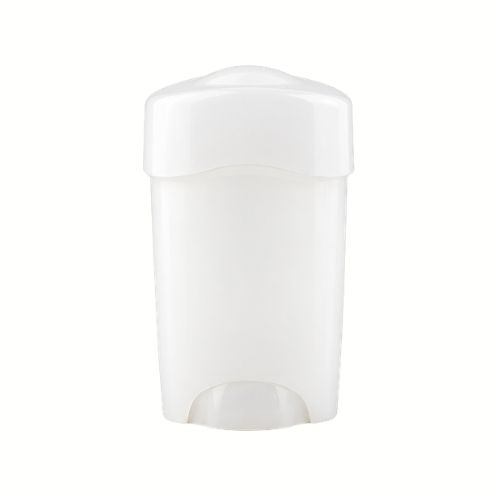 White 50g oval PP soft solid deodorant stick container standing upright next to an open bottle showing its multi-hole perforated applicator dome.